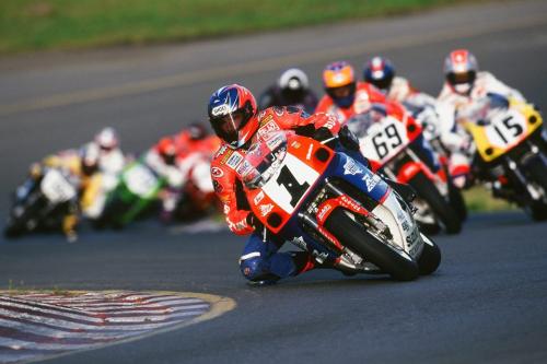 HyperCycle Suzuki’s Jason Pridmore won 8 of 10 AMA Pro Racing 750 Supersport races in ’97 to earn the championship and the #1 plate for the ’98 season. Here, Pridmore is leading teammate Nicky Hayden and the rest of the field into Turn 2 at Sears Point International Raceway.