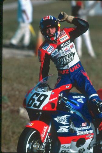 Nicky Hayden, celebrating his first AMA Pro Roadracing win at Laguna Seca in ’98 on his HyperCycle Suzuki GSX-R750. HyperCycle signed Hayden to his first professional roadracing contract when few had heard of the talented young kid from Kentucky. 